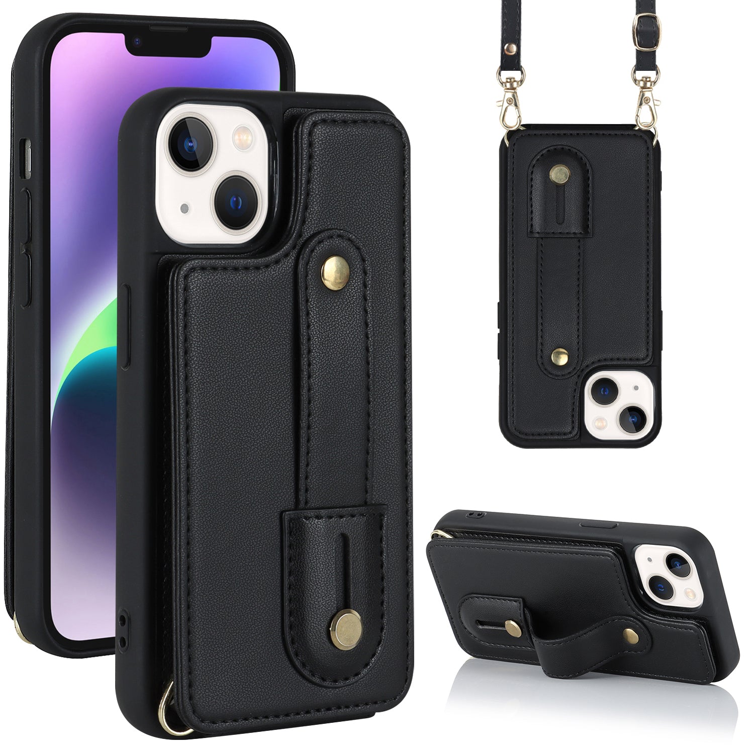 Til iPhone 14 Plus Håndledsrem Kickstand Telefon Taske PU Læder Coated TPU Kickstand Cover Til iPhone 14 Plus Håndledsrem Kickstand Telefon Taske PU Læder Coated TPU Kickstand Cover